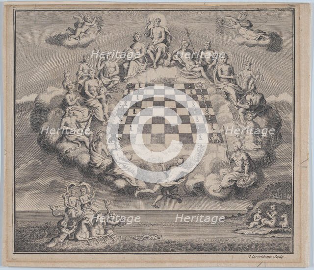 Heavenly Scene with the Gods of Olympus Surrounding a Chess Board, 1723-1741. Creator: John Carwitham.