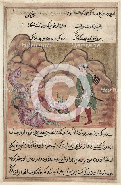 Page from Tales of a Parrot (Tuti-nama): Fifty-second night: The son of the pious man..., c. 1560. Creator: Unknown.