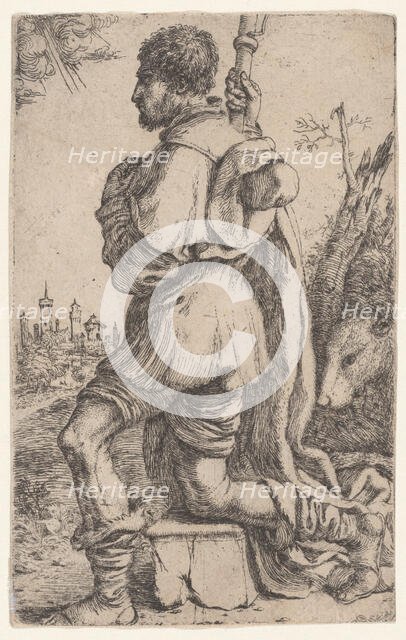 Saint Roch, kneeling on a stone, seen from the side with his dog behind him..., 1620-30. Creator: Giuseppe Caletti.