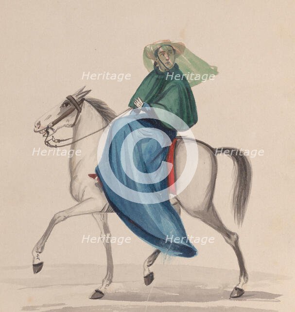 An elegantly dressed woman on horseback, from a group of drawings depicting Peruvian..., ca. 1848. Creator: Attributed to Francisco (Pancho) Fierro.