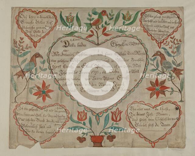 Pa. German Birth and Baptismal Certificate, c. 1940. Creator: Elmer R. Kottcamp.