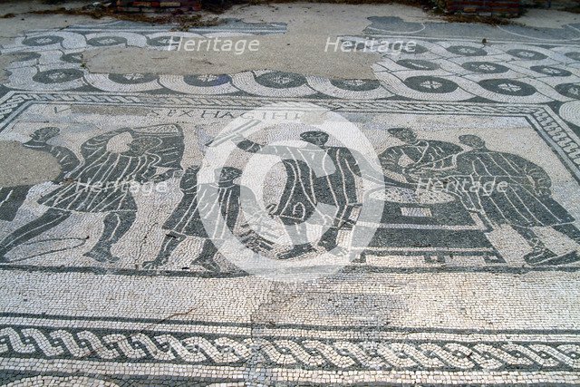 A black and white floor mosaic of grain measurers, Ostia Antica, Italy. Artist: Samuel Magal