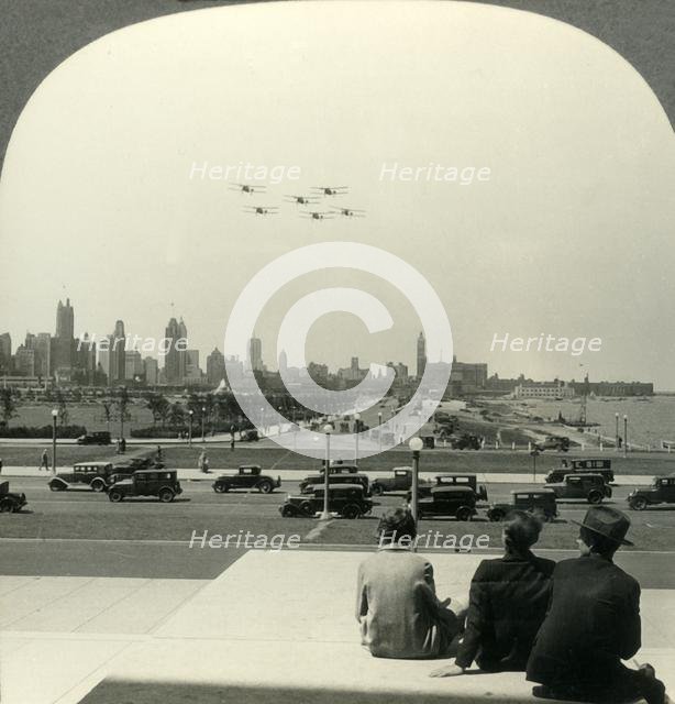 'Chicago's Skyline and Lake Shore Drive, Looking N. from Entrance of Field Museum in Grant Park, Ill Creator: Unknown.