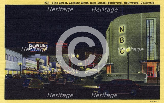 Vine Street, looking north from Sunset Boulevard, Hollywood, California, USA, 1940. Artist: Unknown