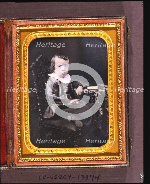 Portrait of George Burtis Lee, seated with arm resting on table with tablecloth, Dec.18, 1855. Creator: T H Newcomer.