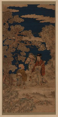 Weft-woven tapestry (kesi): Three Star Gods and Joy Personified..., Qing dynasty, 18th century. Creator: Unknown.