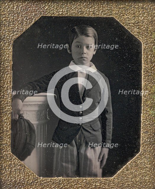 Boy Holding Cap, Resting Arm on a Column, 1840s. Creator: Unknown.