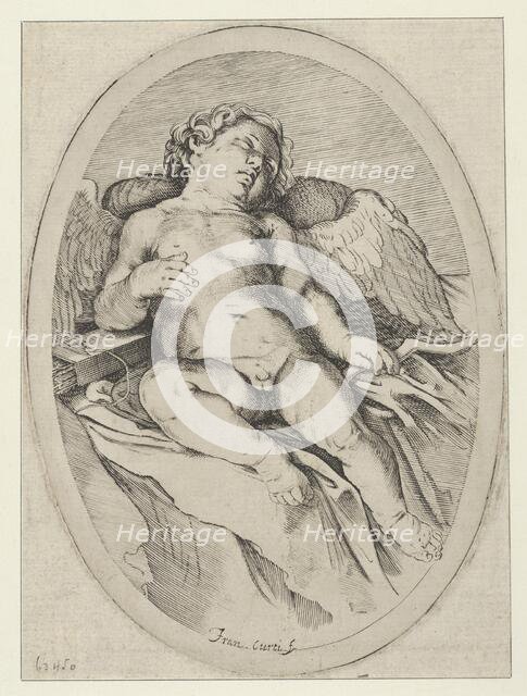 Cupid asleep, resting his right arm on his quiver and his left arm on his bow, an oval ..., 1640-60. Creator: Francesco Curti.