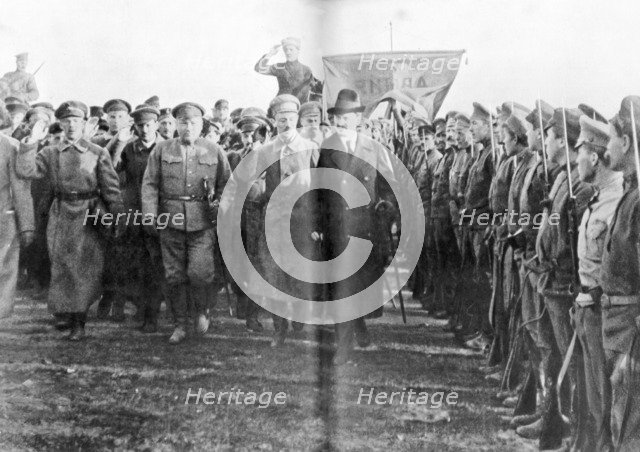 Leon Trotsky, People's Commissar of War, reviewing Red Army troops in Moscow, Russia, 1918. Artist: Unknown