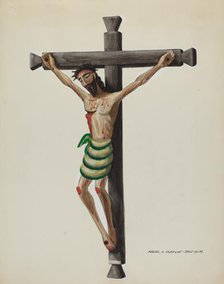 Cristo, Carved and Painted, on Black Carved Wooden Cross, c. 1937. Creator: Majel G. Claflin.