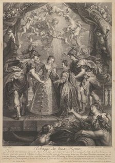 Plate 17: The exchange of the two princesses in Hendaye; allegorical scene with Anne of..., 1707-10. Creators: Benoit Audran I, Jean-Marc Nattier.