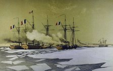Icebreaking in the Dnieper Liman for the passage of Floating batteries, 1855-1856, 1860. Artist: Morel-Fatio, Antoine Léon (1810-1871)