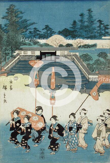 The Daimyo's Ladies Procession at Eastern Capitol: Hachimangu Shrine and Chaki-Inari..., 1845. Creator: Ando Hiroshige.