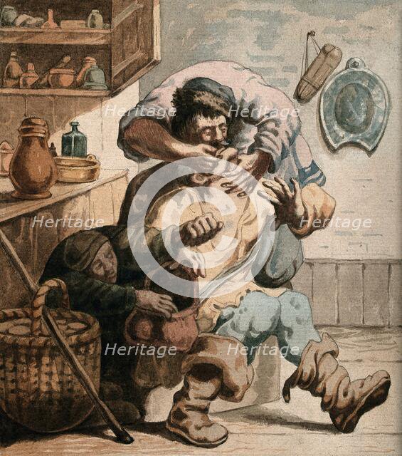 A tooth-drawer extracting a tooth from a seated patient while a woman steals from his bag, c1610s. Creator: Unknown.