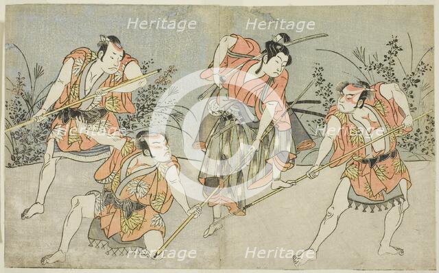 The Actors Nakamura Kashiwagi as a Wakashu (second from right), and Three..., Japan, c. 1772. Creator: Shunsho.
