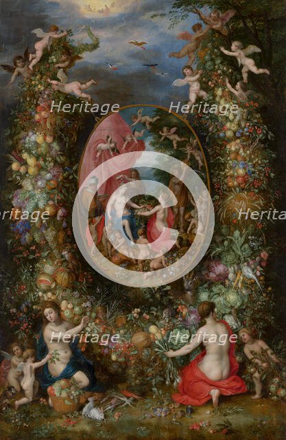 Garland of Fruit surrounding a Depiction of Cybele Receiving Gifts from Personifications...c1620-22. Creators: Jan Brueghel the Elder, Hendrick van Balen I.