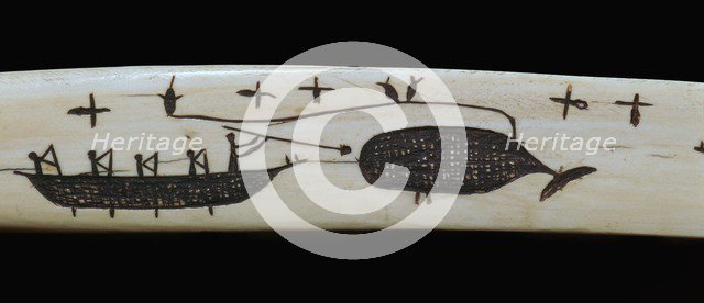 Carving of an Inuit whale-hunt on an ivory snow-knife, 19th century. Artist: Unknown