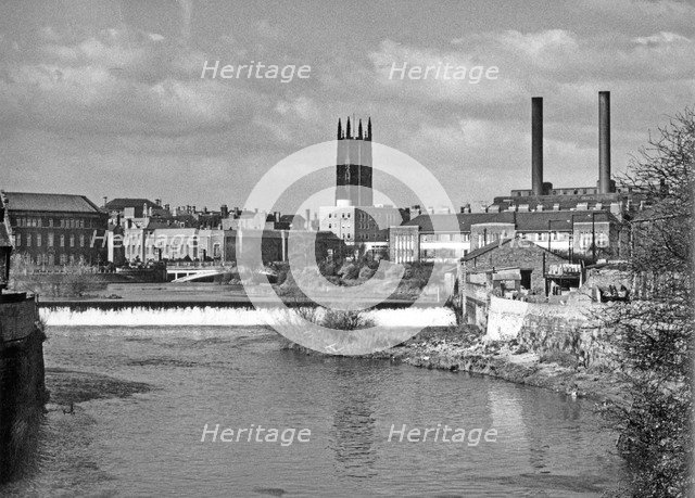 The Cathedral and the weir on the River Derwent, Derby, Derbyshire. Artist: H Brighouse