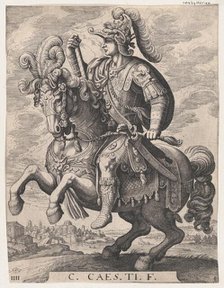 Plate 4: Emperor Gaius on Horseback, from 'The First Twelve Roman Caesars', after Tempe..., 1610-50. Creator: Matthaus Merian.