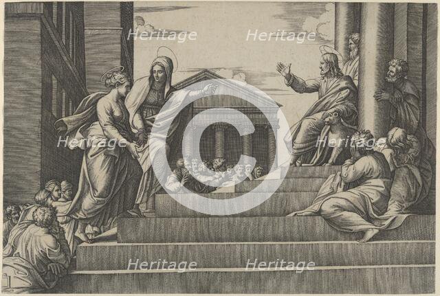 Martha leading Mary Magdalene up a flight of stairs to Christ who is seated at righ..., ca. 1530-60. Creator: Marcantonio Raimondi.