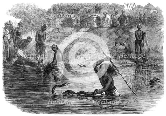 Hindoo bathers in the River Jumna surprised by a snake, 1864. Creator: J. A. B..