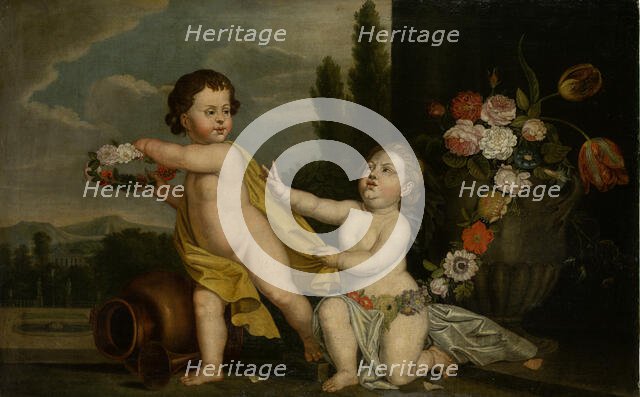 Two Putti with Garlands of Flowers, 1700-1800. Creator: German Master.