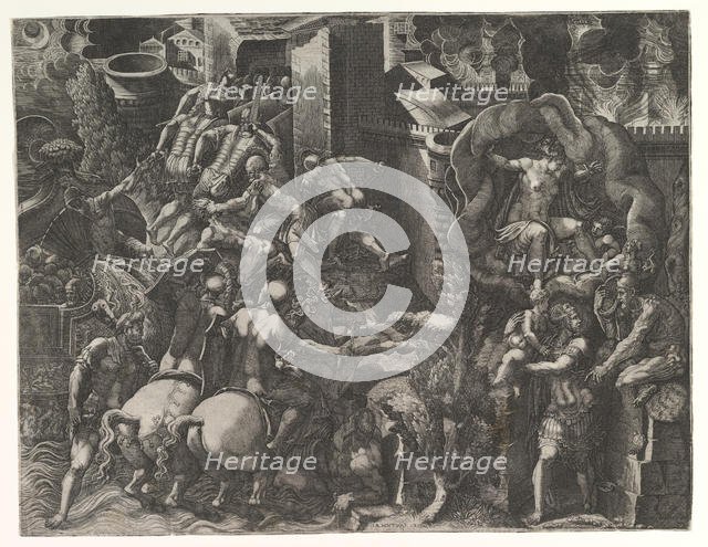 The Fall of Troy and Escape of Aeneas, mid-1540's. Creator: Giorgio Ghisi.