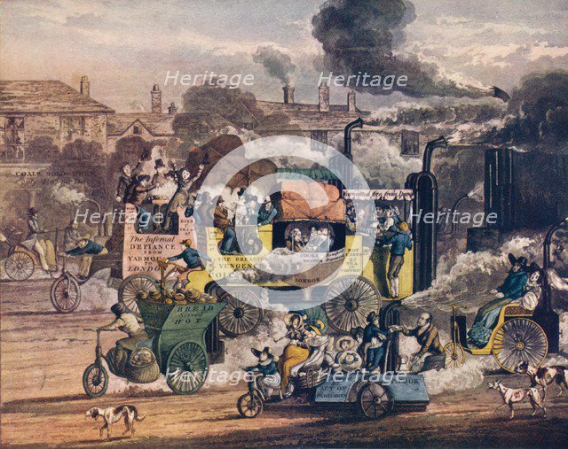 'The Progress of Steam - A view in White Chapel Road', 1905. Artist: Henry Thomas Alken