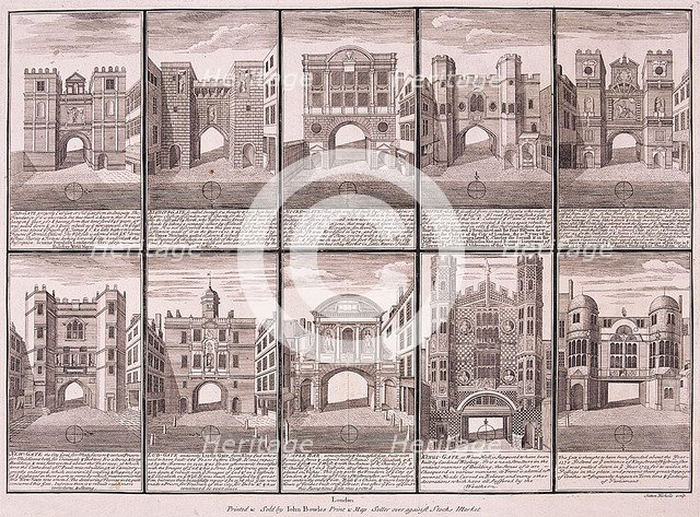 London's ten City Gates, 1720. Artist: Sutton Nicholls