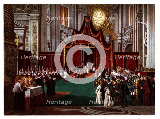 Pontifical ceremonies. Blessing of the Palm Sunday. Color engraving from 1871.