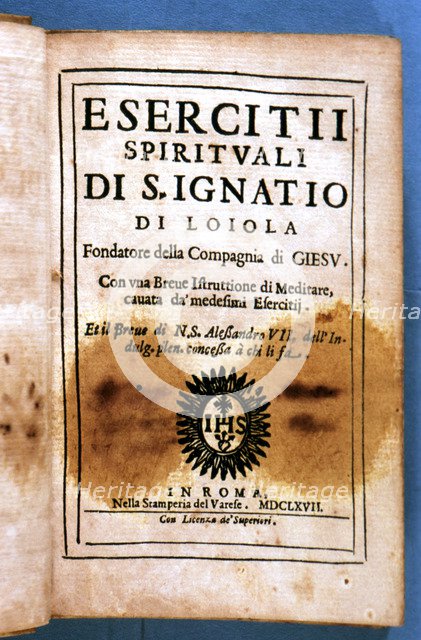 Cover of the Italian edition 'Esercitti spirituali di San Ignatio di Loyola', printed in Rome, St…