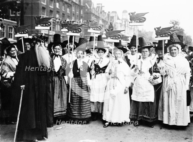 Welsh suffragettes in traditional costume on the Women's Coronation Procession, 17th June 1911. Artist: Unknown