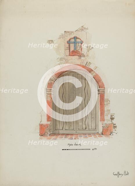 Doorway, Main Entrance to Mission, c. 1937. Creator: Geoffrey Holt.