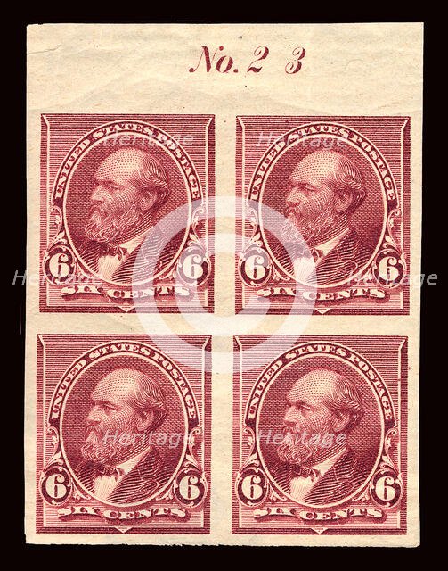 6c James A. Garfield proof plate block of four, February 22, 1890. Creator: American Bank Note Company.