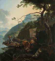 Boatmen Moored on the Shore of an Italian Lake, 1650-1670. Creator: Adam Pynacker.