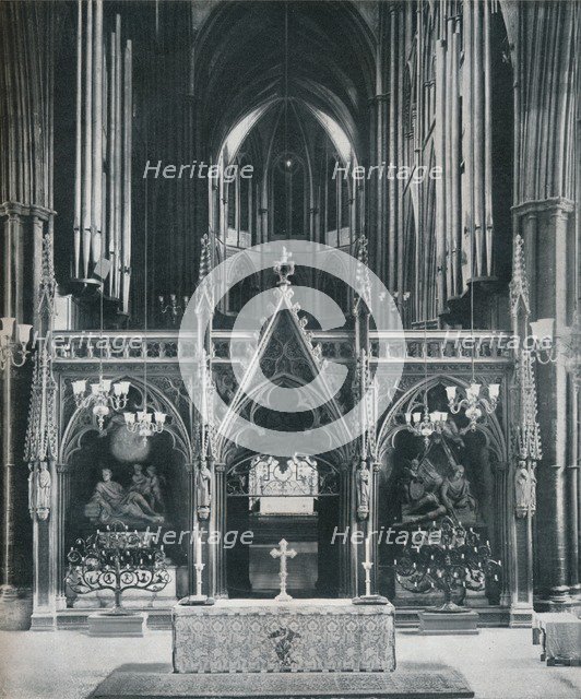 'Westminster Abbey, London, showing Benno Elkan's Old Testament and New Testament Candelabra', c1942 Artist: Unknown.