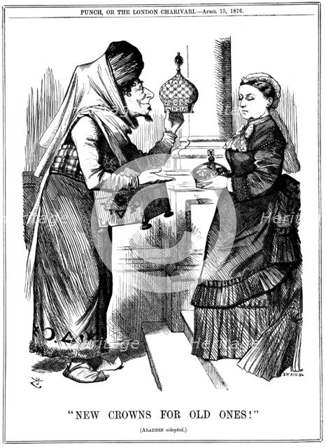 'New Crowns for Old Ones!', Benjamin Disraeli offering the crown of India to Queen Victoria, 1876. Artist: John Tenniel