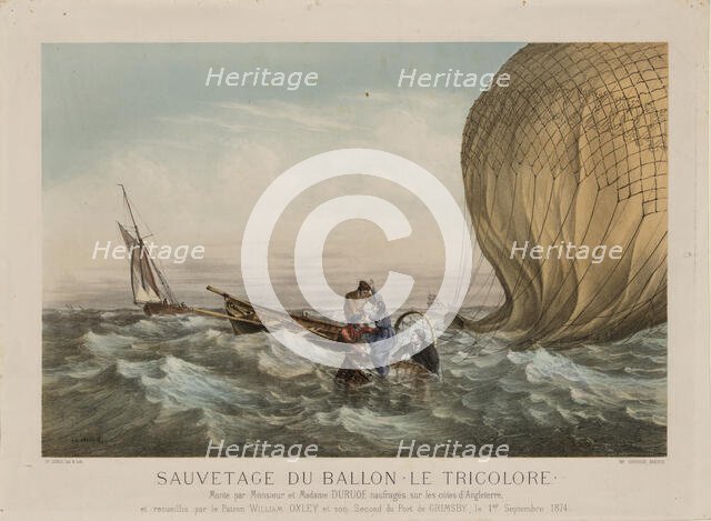 The rescue of Jules and Caroline Duruof from their balloon "Le Tricolore" off the coast of..., 1874. Creator: Anonymous.