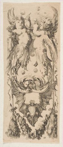 Two Winged Children with Bodies Turning into Ornament Blowing Bubbles, ca. 1653. Creator: Stefano della Bella.