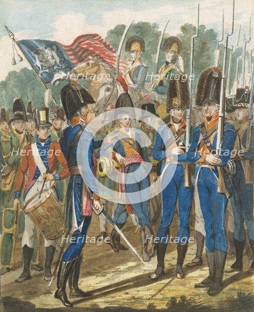 Members of the City Troop and Other Philadelphia Soldiery, 1811-ca. 1813. Creator: John Lewis Krimmel.