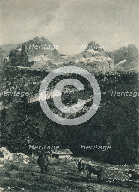 View of the Brenta Group with alpine pasture, Madonna di Campiglio, Dolomites, Italy, 1927. Artist: Eugen Poppel.