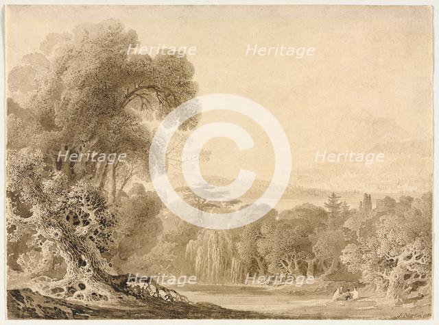 Figures Seated by a Lake in a Wooded Landscape, 1820. Creator: John Martin (British, 1789-1854).
