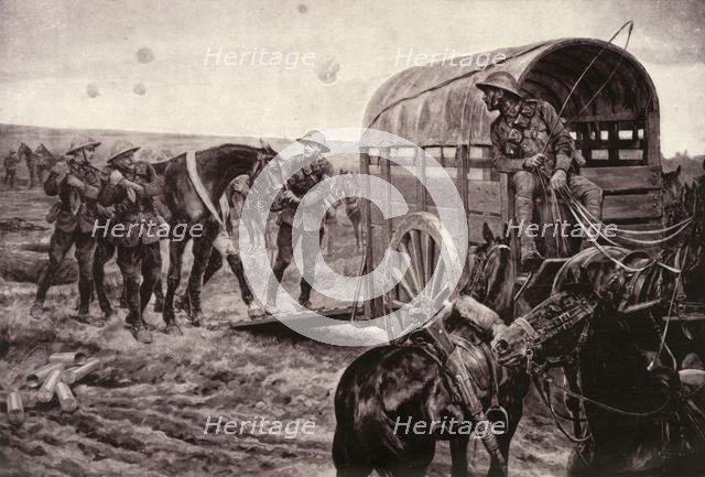 'Under the Blue Cross: Wounded Horses Being Conveyed to the Veterinary Hospital', 1917. Creator: Unknown.