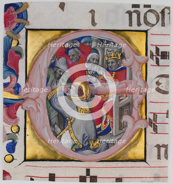 Manuscript Illumination with the Martyrdom of Saint Stephen in an Initial E..., c1394-1402. Creator: Niccolo di Giacomo da Bologna.