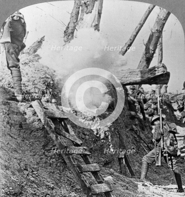 British troops going over the top, Flanders, Belgium, World War I, c1914-c1918. Artist: Realistic Travels Publishers