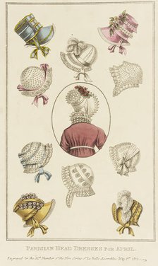 Fashion Plate (Parisian Head Dresses for April), 1812. Creator: John Bell.