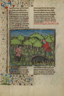 A Hunter Wounding a Wild Boar Caught in a Pit; Livre de la Chasse, about 1430-1440. Creator: Unknown.