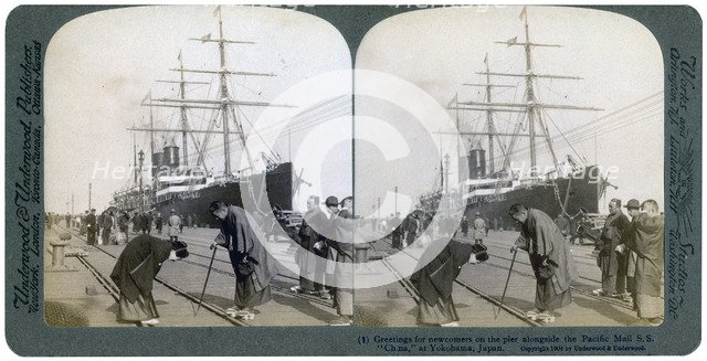Greeting for newcomers on the pier alongside the Pacific Mail SS 'China', Yokohama, Japan, 1904.Artist: Underwood & Underwood