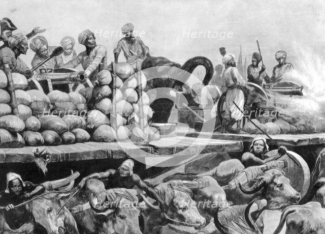 The Nawab Siraj Ud Daulah's artillery on its movable platform, India, 1757, (1893).Artist: Richard Caton Woodville II