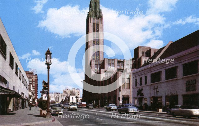 Wilshire Boulevard Showing Bullock's Wilshire, Los Angeles, California, USA, 1953. Artist: Unknown